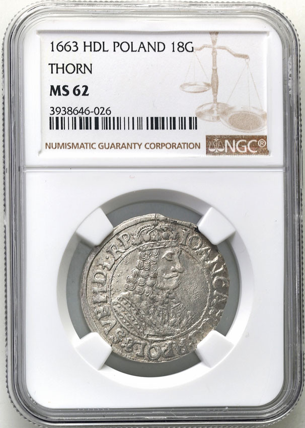 Jan II Kazimierz. Ort (18 groszy) 1663, NGC MS62 Toruń - PĘKNY
